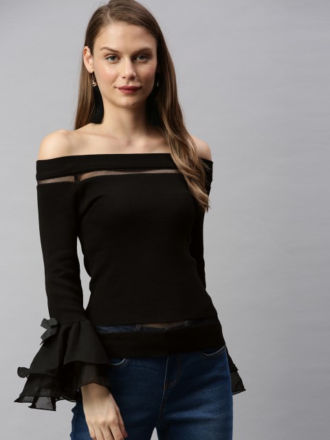 

RHHENSO Women Black Solid Vegan Bell Sleeved Bardot Top