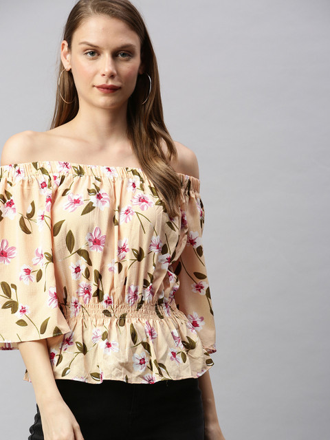 

RHHENSO Women Beige Printed Cinched Waist Top