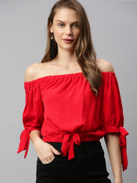 

RHHENSO Women Red Solid Bardot Top