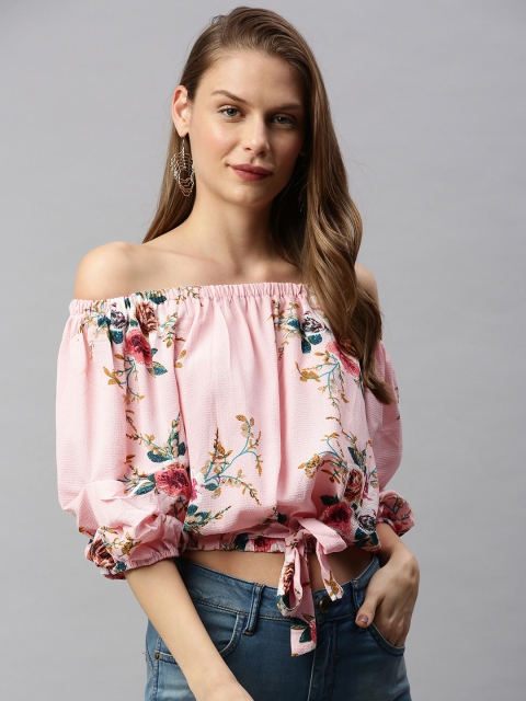 

RHHENSO Women Pink Printed Crop Bardot Top