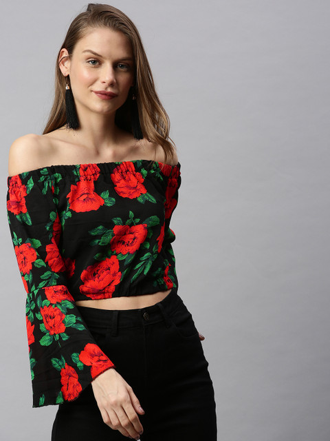 

RHHENSO Women Black Printed Off-Shoulder Crop Top