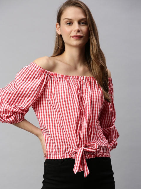 

RHHENSO Women Red & White Checked Vegan Waist Tie-Up Bardot Top