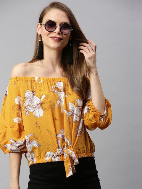 

RHHENSO Women Mustard Yellow & White Floral Printed Vegan Waist Tie-up Bardot Top