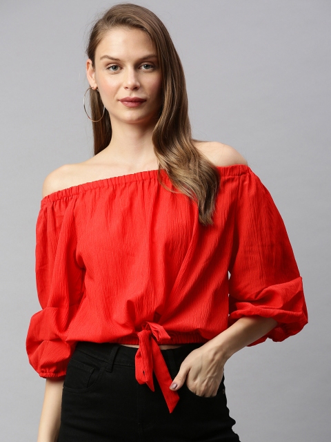 

RHHENSO Women Red Solid Vegan Waist Tie-Up Bardot Top