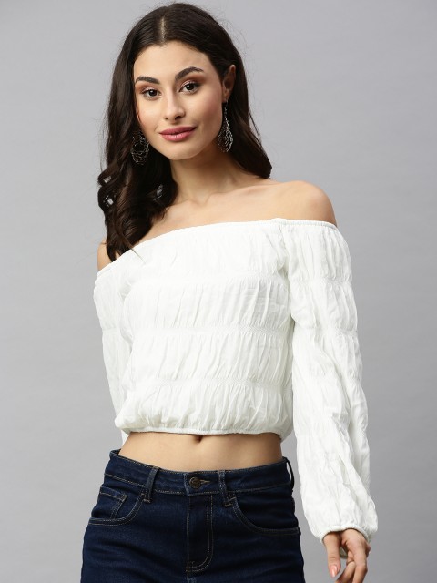 

RHHENSO Women White Solid Vegan Smocked Cropped Bardot Top