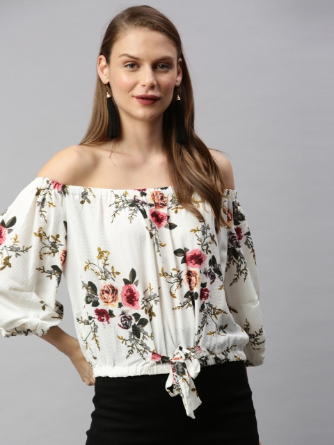 

RHHENSO Women White & Pink Floral Printed Vegan Waist Tie-up Bardot Top
