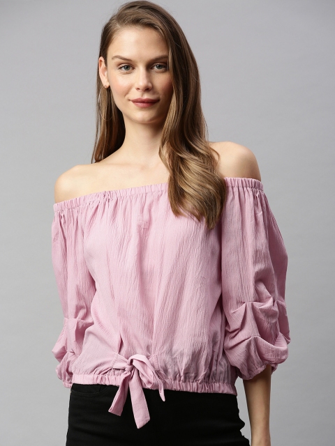

RHHENSO Women Pink Solid Knitted Vegan Waist Tie-up Bardot Top