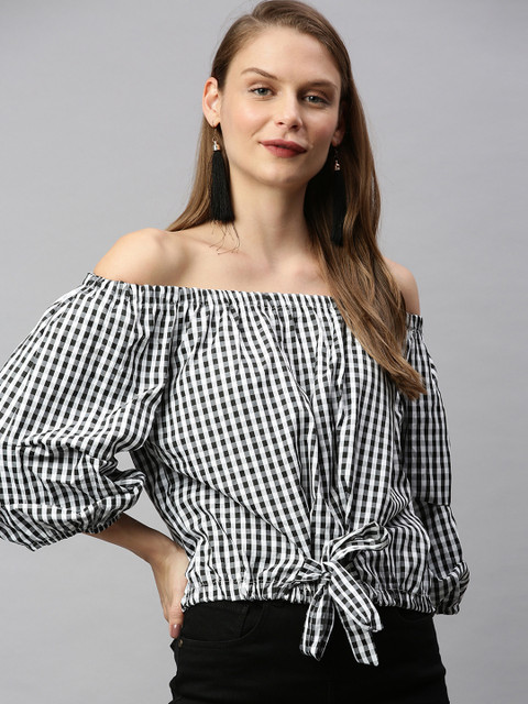 

RHHENSO Women Black & White Checked Vegan Waist Tie-up Bardot Top