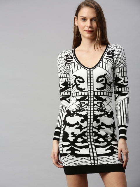 

RHHENSO Women Black & White Printed Sweater Dress