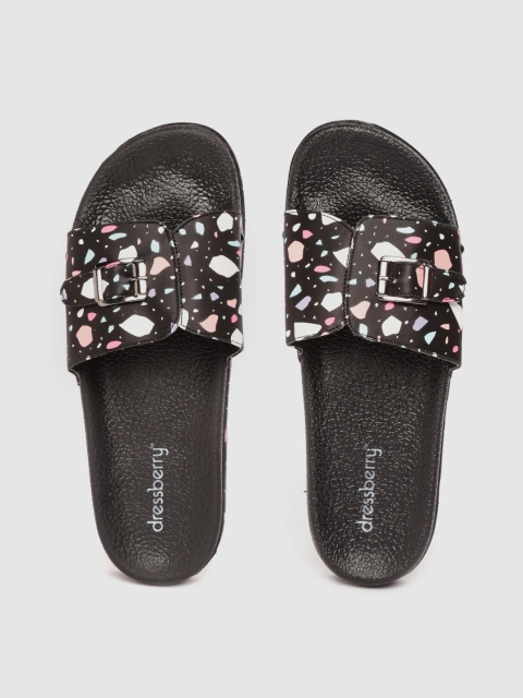 

DressBerry Women Black & White Abstract Print Sliders with Buckle Detail