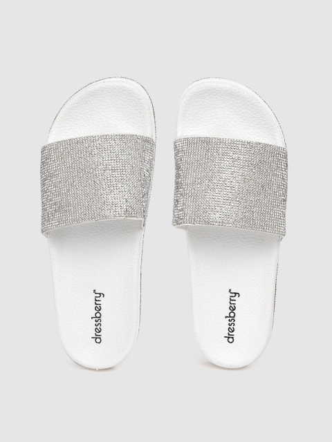 

DressBerry Women Silver-Toned & White Embellished Open Toe Flats