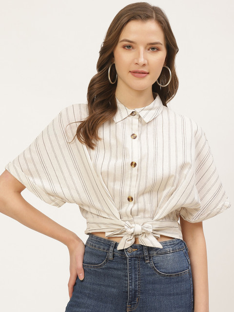

ANVI Be Yourself Women Off-White & Black Striped Crop Shirt Style Top