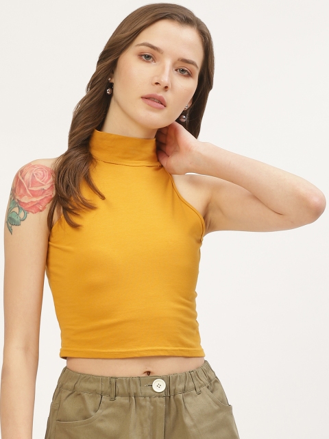 

ANVI Be Yourself Women Mustard Yellow Solid High Neck Crop Top