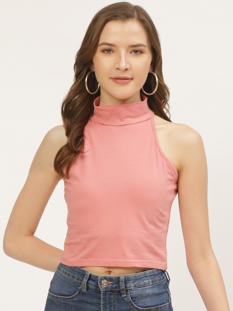 

ANVI Be Yourself Women Dusty Pink Solid High Neck Crop Top