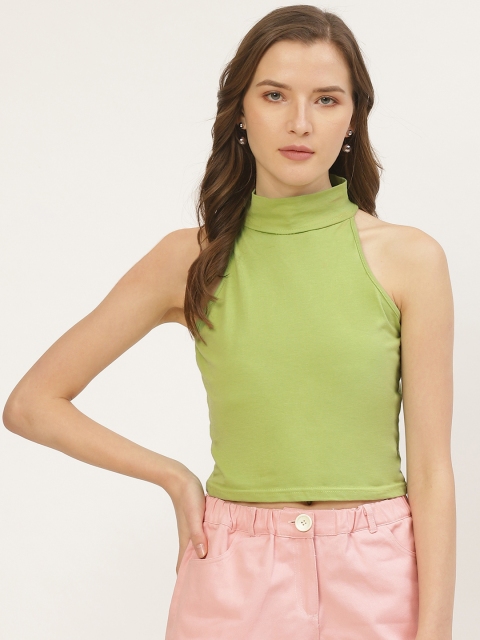 

ANVI Be Yourself Women Green Solid High-Neck Crop Top