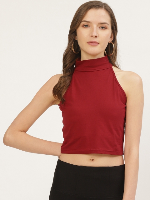 

ANVI Be Yourself Women Maroon Solid High Neck Crop Top