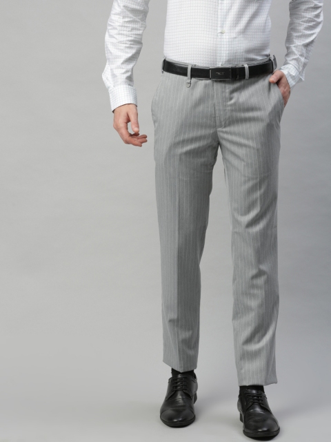 

Park Avenue Men Grey & White Slim Fit Striped Formal Trousers