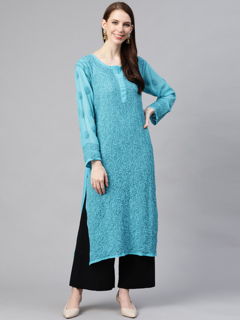 

ADA Women Blue Chikankari Hand Embroidered Semi-Sheer Straight Kurta