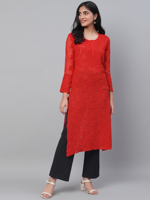 

ADA Women Red Chikankari Hand Embroidered Semi-Sheer Straight Sustainable Kurta