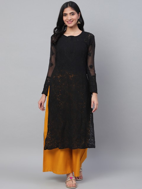 ADA Women Black Chikankari Hand Embroidered Semi-Sheer Straight Sustainable Kurta