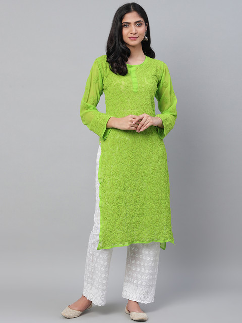 

ADA Women Green Chikankari Hand Embroidered Semi-Sheer Straight Sustainable Kurta