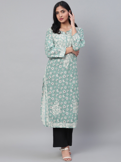 

ADA Women Blue & Off-White Printed Straight Handloom Kurta with Chikankari Embroidery