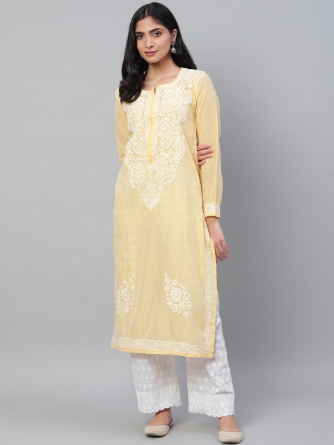 

ADA Women Yellow & White Chikankari Hand Embroidered Straight Sustainable Kurta