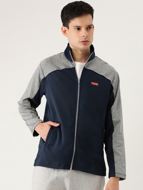 

Yuuki Men Navy Blue & Grey Melange Colourblocked Sporty Jacket