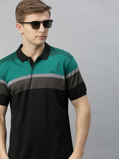 

Park Avenue Men Sea Green & Black Colourblocked Polo Collar T-shirt