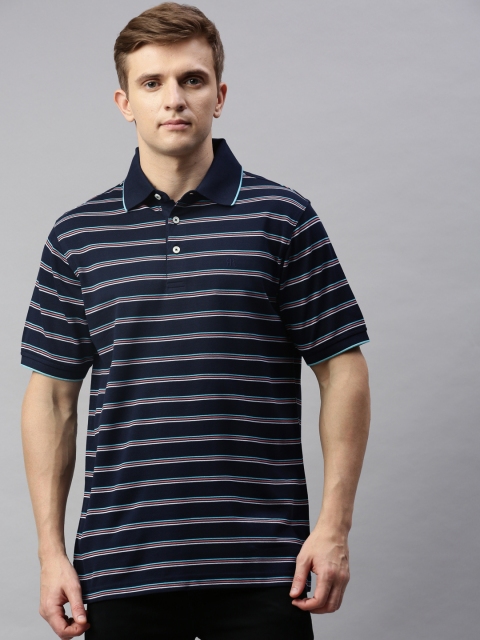 

Raymond Men Navy Blue White Contemporary Fit Striped Supima Cotton Polo Collar Pure Cotton T-shirt