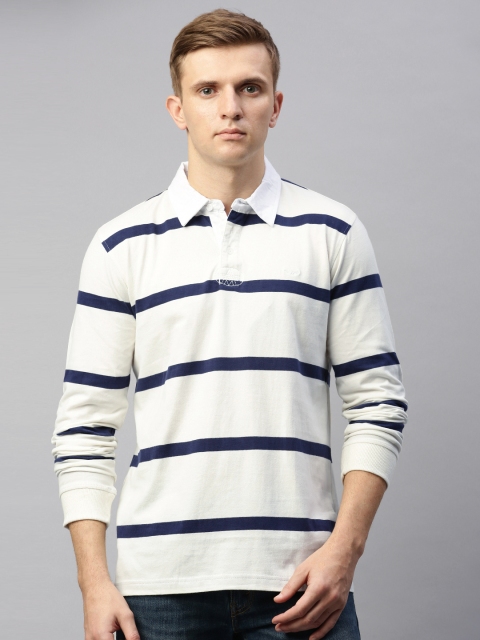 

Park Avenue Men White & Navy Blue Striped Polo Collar T-shirt