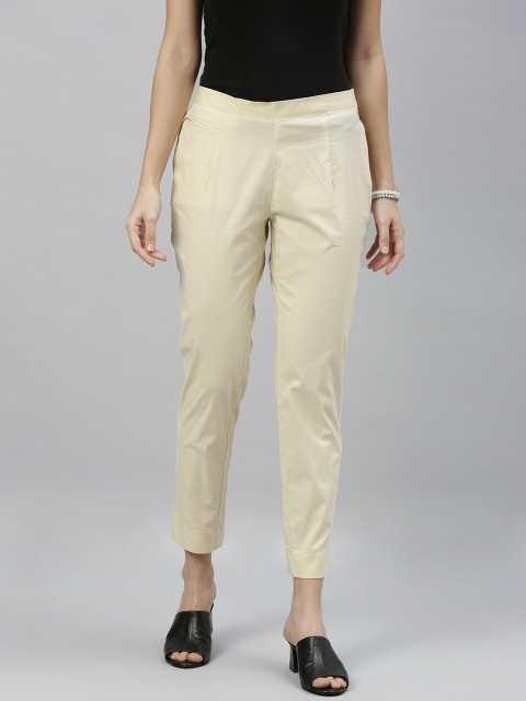 

ETIQUETTE Women Beige Slim Fit Solid Cigarette Cropped Trousers