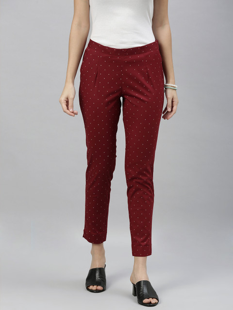 

ETIQUETTE Women Maroon & Off-White Slim Fit Printed Cropped Cigarette Trousers