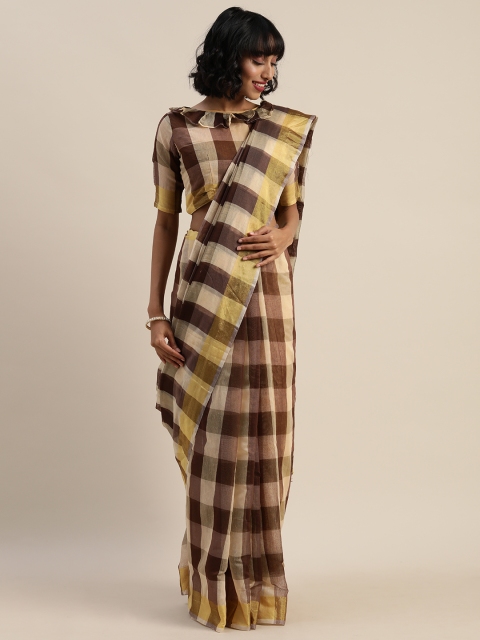 

Silk Bazar Beige & Brown Silk Blend Checked Chanderi Saree