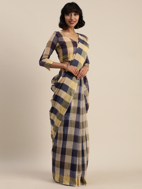 

Silk Bazar Navy Blue & Cream-Coloured Silk Blend Checked Chanderi Saree