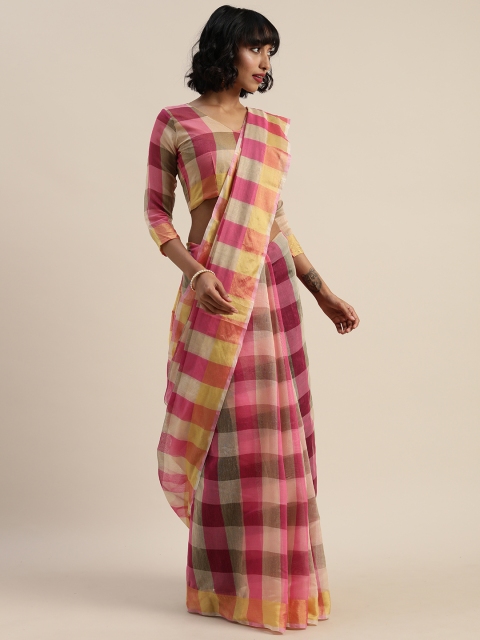 

Silk Bazar Pink & Brown Silk Blend Checked Chanderi Saree