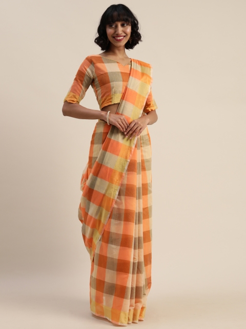

Silk Bazar Orange & Beige Silk Blend Checked Chanderi Saree