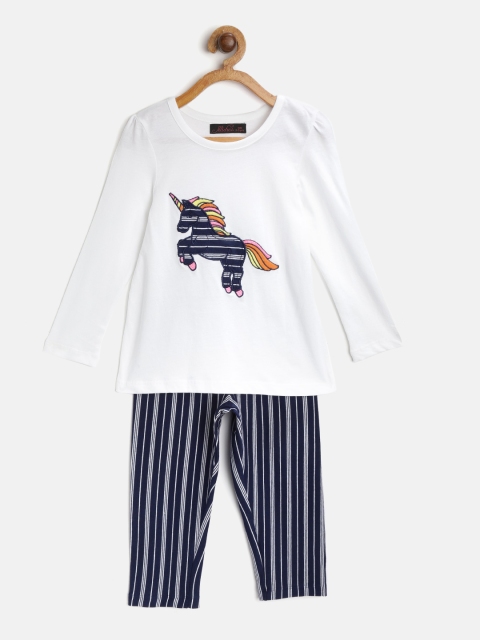 

pspeaches Girls White & Navy Blue Unicorn Applique Night suit