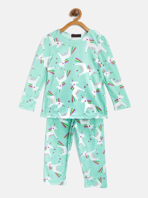 

pspeaches Girls Sea Green & White Unicorn Print Night Suit