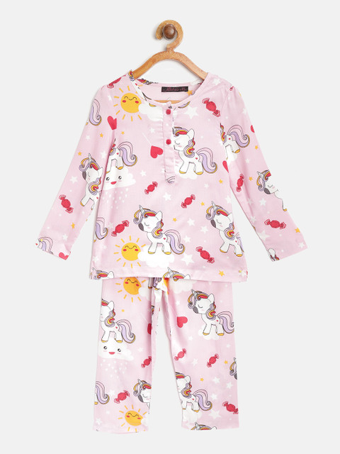 

pspeaches Girls Pink & White Unicorn Print Night Suit