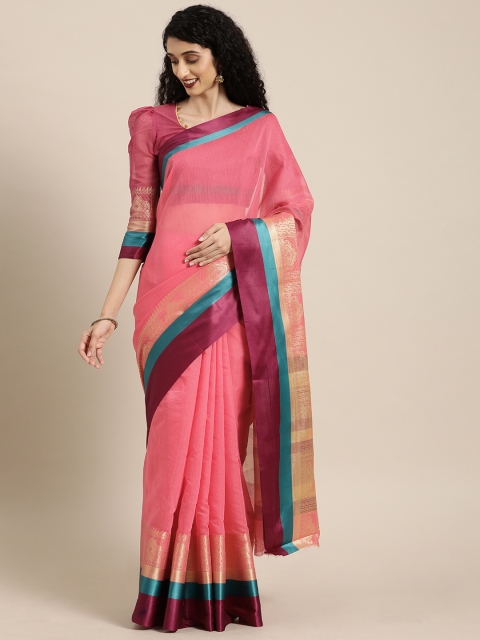 

Mitera Pink Silk Blend Solid Kanjeevaram Saree