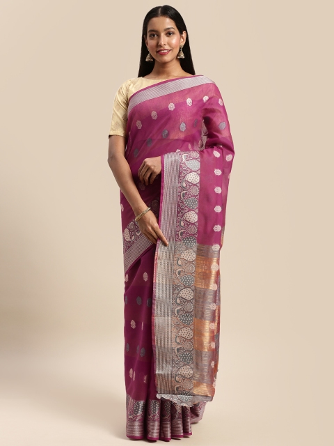 

Mitera Magenta Pink & Gold-Toned Silk Blend Woven Design Kanjeevaram Saree