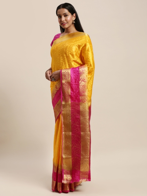 

Mitera Yellow & Pink Brasso Floral Woven Design Saree