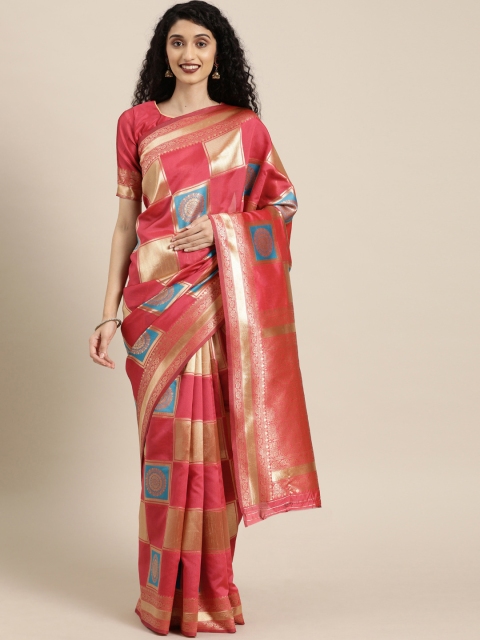 

Mitera Pink & Gold-coloured Art Silk Checked Banarasi Saree