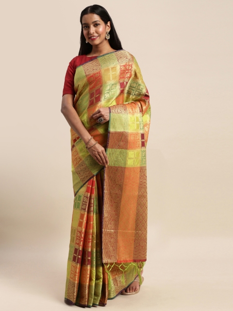 

Mitera Green & Maroon Art Silk Checked Banarasi Saree