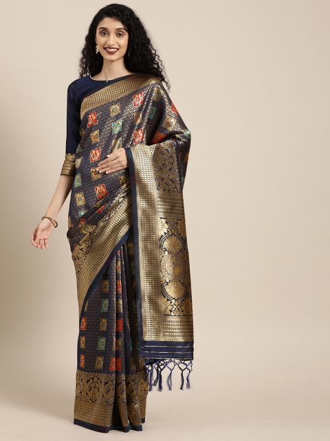 

Mitera Navy Blue & Gold-Toned Art Silk Woven Design Banarasi Saree