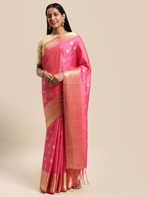 

Mitera Pink & Gold-Toned Art Silk Woven Design Banarasi Saree