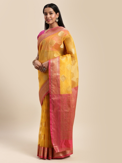 

Mitera Yellow & Pink Silk Blend Woven Design Saree