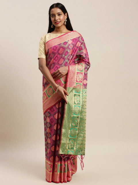 

Mitera Pink & Green Silk Blend Woven Design Saree