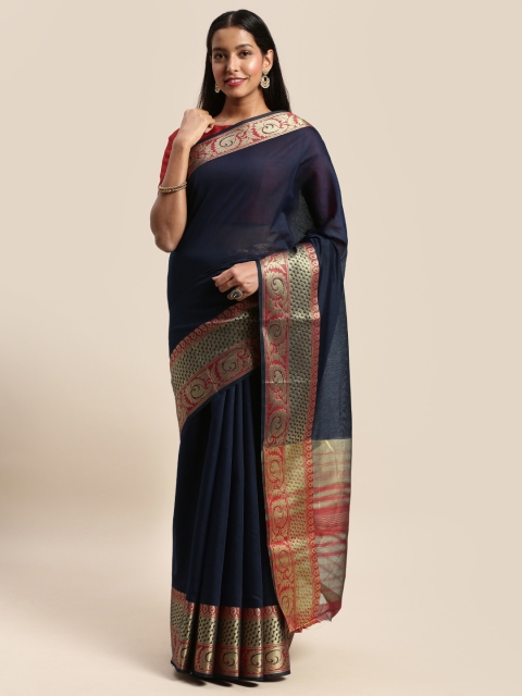 

Mitera Navy Blue Solid Silk Blend Saree